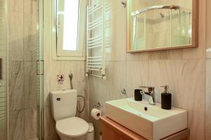 La salle de bains est pourvue d'un lavabo, de toilettes et d'une douche. dans l'établissement Thessaloniki Center Modern Apartment, à Thessalonique