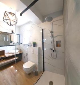 a bathroom with a shower and a toilet and a sink at Olivista Croatia Apartments in Njivice