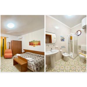 two pictures of a bathroom with a bed and a sink at EnzoilNegro home in Lipari