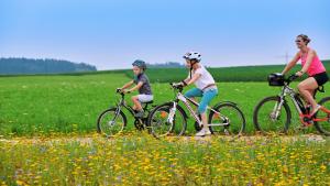 three people riding bikes in a field of flowers at Ferienwohnungen Schneckenhausen in Pittenhart