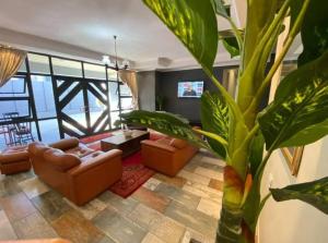 a living room with leather furniture and a large plant at Victoria Guest Lodge in Bellville