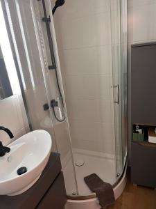 La salle de bains est pourvue d'un lavabo et d'une douche. dans l'établissement Apartament na Starówce Boho, à Pszczyna