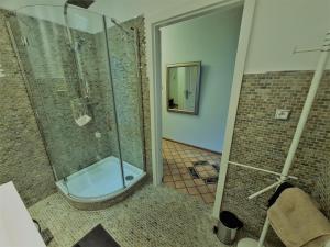 a bathroom with a shower with a glass shower stall at Apartament Przy Parku w Orłowie in Gdynia