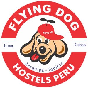 um desenho de um cão com um chapéu e um logótipo de cão vencedor em Flying Dog Hostel Iquitos em Iquitos