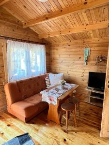 uma sala de estar com um sofá e uma mesa em Domki Letniskowe Kalem em Zabin