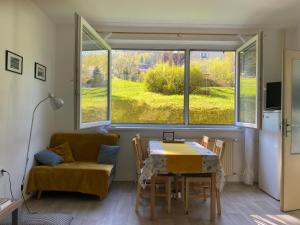 um quarto com uma mesa, uma cadeira e uma janela em Slunný byt v Jizerských horách 5 postelí em Tanvald