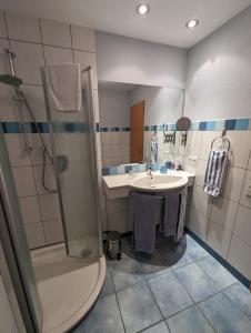 a bathroom with a shower and a sink at Landhotel Larenzen in Kirchham +27 photos