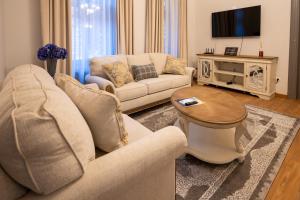a living room with a couch and a tv at Kinsley Apartment 1 in Timişoara