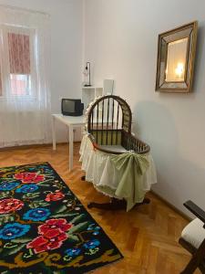 a room with a chair and a table and a rug at Casa Toma M in Baia Mare
