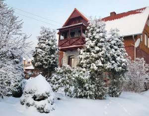 a house with snow covered trees in front of it at ZOLA in Szklarska Poręba