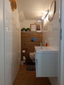 a bathroom with a white sink and a toilet at Noclegi u Anny Łowicz in Łowicz