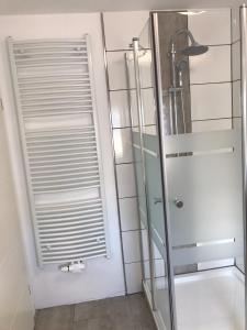 een douche met een glazen deur in de badkamer bij Ferienwohnung mit Seeblick - a84916 in Jemgum