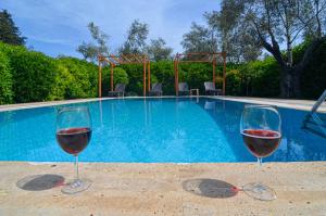 Kayakoy的住宿－Kayi Villas，两杯葡萄酒坐在游泳池旁