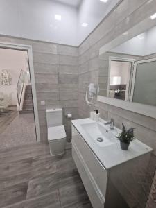 een badkamer met een toilet, een wastafel en een spiegel bij Alojamiento Agaete Pueblo Nº12 (Casa) in Agaete