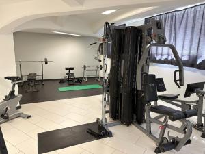 een fitnessruimte met loopbanden en machines in een kamer bij MEOS 2 -Zentrum-Hofblick-Gym-Netflix in Leipzig