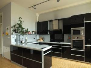 uma cozinha com armários pretos e um balcão branco em +++ Luxus Desingnerloft im Zentrum von Leipzig +++ em Leipzig