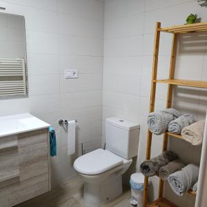 y baño con aseo, lavamanos y estante. en Apartamento con jardin privado junto playa Usil - Mogro, en Miengo