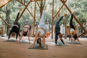a group of women doing yoga on a wooden deck at TAIGA Tarifa Punta Paloma in Tarifa +32 photos