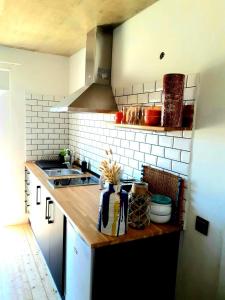una cucina con piano di lavoro, lavandino e piano cottura di ZENergy - GUEST HOUSE a Odeceixe