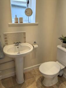 La salle de bains est pourvue d'un lavabo et de toilettes. dans l'établissement Studio Apartment North Cardiff, à Cardiff