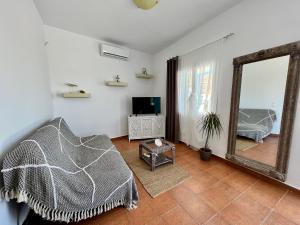 a living room with a mirror and a couch at Family Villages Santorini in Vlychada Beach