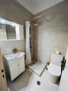 La salle de bains est pourvue de toilettes, d'un lavabo et d'une douche. dans l'établissement Angel's Place by the Sea, à Diakopto