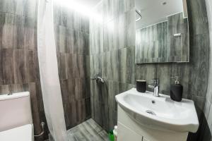 bagno con lavandino, doccia e servizi igienici di Xsoma Flats Morfeas a Salonicco