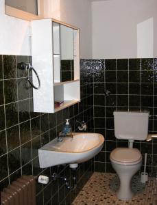 Apartment Seeblick Wetter في ويتير: حمام مع حوض ومرحاض ومرآة