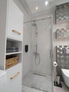 een badkamer met een douche en een glazen deur bij apartament ultracentral Pathfinder in Târgu-Mureş