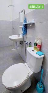 uma casa de banho com um WC branco e um lavatório. em Homestay Intan Anjung Lodge em Malaca