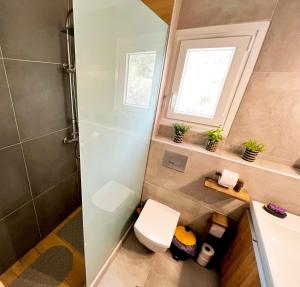 uma casa de banho com um chuveiro, um WC e um lavatório. em Villa Stemily em Skala Rachoniou