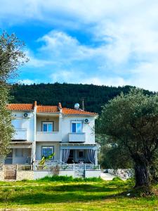 Una casa blanca con un árbol delante. en Villa Stemily en Skala Rachoniou