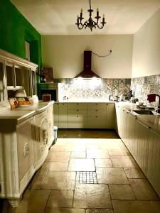 a large kitchen with green walls and a chandelier at Guesthouse Corte Marzago - adults friendly in Salionze