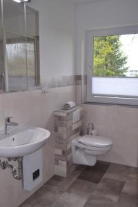 a bathroom with a sink and a toilet and a window at Haus Simone in Insel Poel