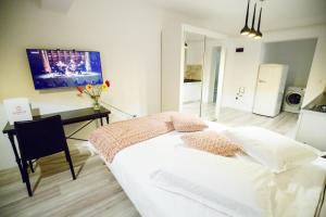 a bedroom with a bed and a desk and a television at Metropolitan Iassium Apartments in Iaşi