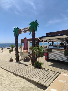 トレビエハにあるLa Playa Blanca - Palacio del Mar, BEACH, SEA VIEW, POOLのヤシの木が茂る浜辺のフードトラック