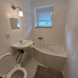a bathroom with a tub and a toilet and a sink at View of Prague in Prague
