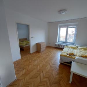 1 dormitorio con 1 cama y suelo de madera en View of Prague en Praga