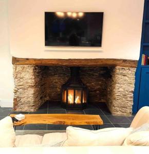 a living room with a fireplace with a flat screen tv at THE APPLE LOFT - Rustic luxury one bed cottage in Strete