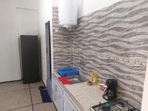 a kitchen with a sink and a brick wall at Studio Meknes Hamria in Meknès
