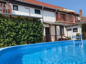 a large blue swimming pool in front of a house at Nati Nagy Apartman in Siófok
