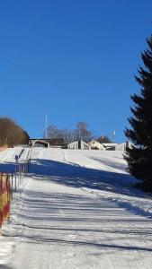 a snow covered parking lot with skis on it at Waidlerland Chalet "Natur" in Mauth