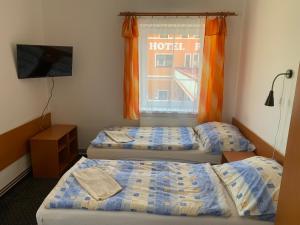 two beds in a room with a window at Hotel Rabbit in Trhový Štěpánov