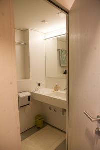 uma casa de banho com um lavatório e um espelho em Bosruck Chalet em Misselsdorf