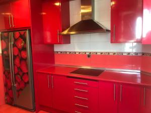 cocina roja con fregadero y nevera en MilanG, en Madrid