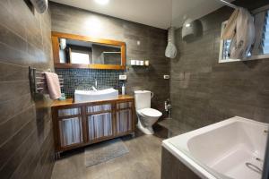 een badkamer met een wastafel, een toilet en een bad bij spacious apartment in Tel Aviv