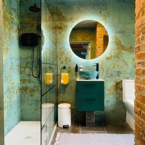 a bathroom with a green sink and a mirror at Fortwilliam Farm T12DNN2 in Cork