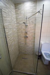 La salle de bains est pourvue d'une cabine de douche et de toilettes. dans l'établissement Pensiunea Happy Day Horezu, à Horezu