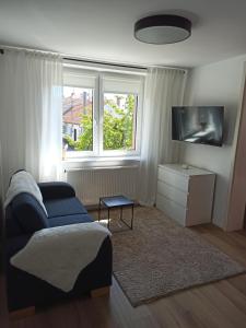 - un salon avec un canapé et une télévision dans l'établissement Apartmán U Zastávky, à Ratíškovice