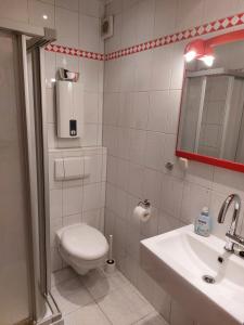 ein Badezimmer mit einem WC, einem Waschbecken und einem Spiegel in der Unterkunft Utkiekerblick 9217 Burgtiefe in Fehmarn